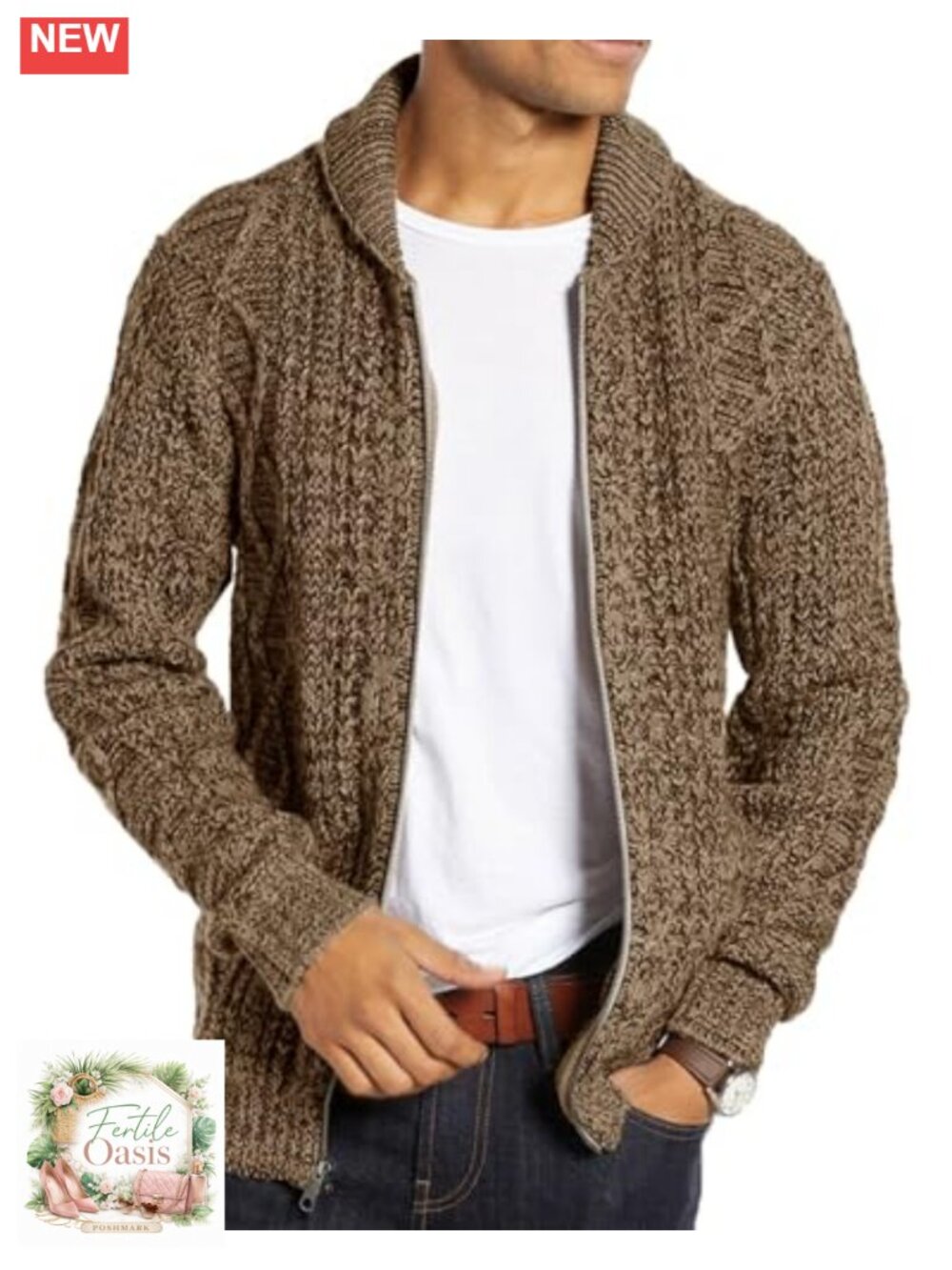 Men's Cable Knit Shawl Collar Zip Up Cardigan Sweater